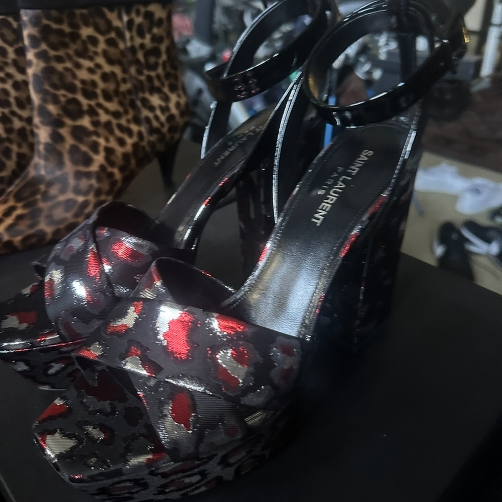 Saint Laurent Black and Red Patterned Platform Heels - Picture 11 of 11